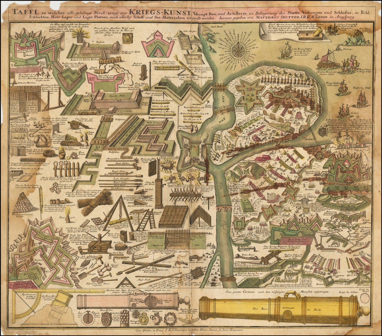 Allegorisk kort fra 1720 af Seutter, der viser krigskunst til lands og til vands af Matthäus Seutter