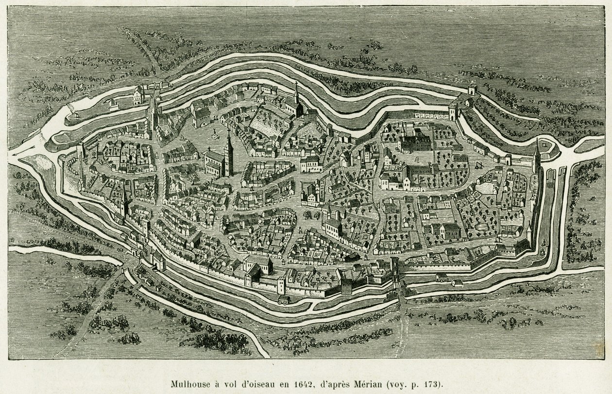 Mulhouse flyver i 1642. Indgravering af Matthaus Merian (1593-1650) for at illustrere historien A Through Alsace and Lorraine, af Charles Grad, tysk deputeret, i 1885, i tour du monde 1886, instrueret af Edouard Charton (1807-1890) , Hachette, Paris. af Matthaus the Elder (after) Merian