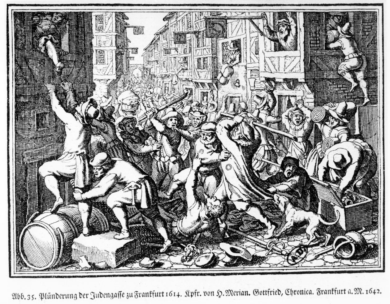 Plyndring af den jødiske gyde under Fettmilch-optøjerne i Frankfurt den 22. august af Matthaus the Elder (after) Merian