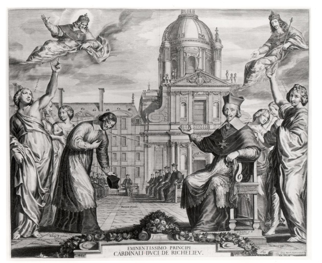 Robert de Sorbon (1201-94) og kardinal Richelieu (1575-1642) foran Sorbonne, indgraveret af Gregoire Huret (1606-70) 1639 af Matthaus the Elder Merian