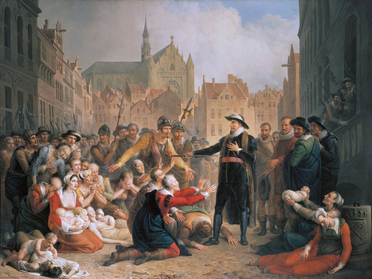 Borgmester van der Werf tilbyder sit sværd til befolkningen i Leiden af Mattheus Ignatius van Bree