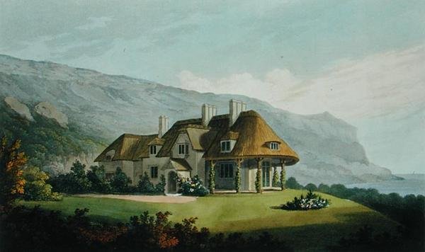 Villa med stråtag ved kysten for James Vine Esq. i Puckaster, Isle of Wight, fra Villa Architecture: a collection of views, with plans, of buildings executed in England and Scotland, af Robert Lugar, pub af Matthew Dubourg