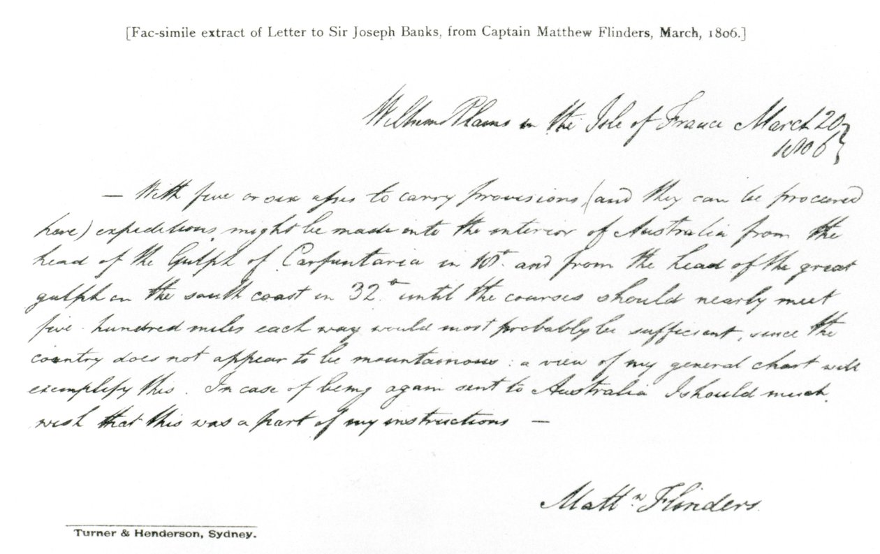 Faksimile kopi af et brev til Sir Joseph Banks fra kaptajn Matthew Flinders, dateret marts 1806, fra The History of Australian Exploration from 1788-1888, 1888 (faksimile) (foto i sort) af Matthew Flinders