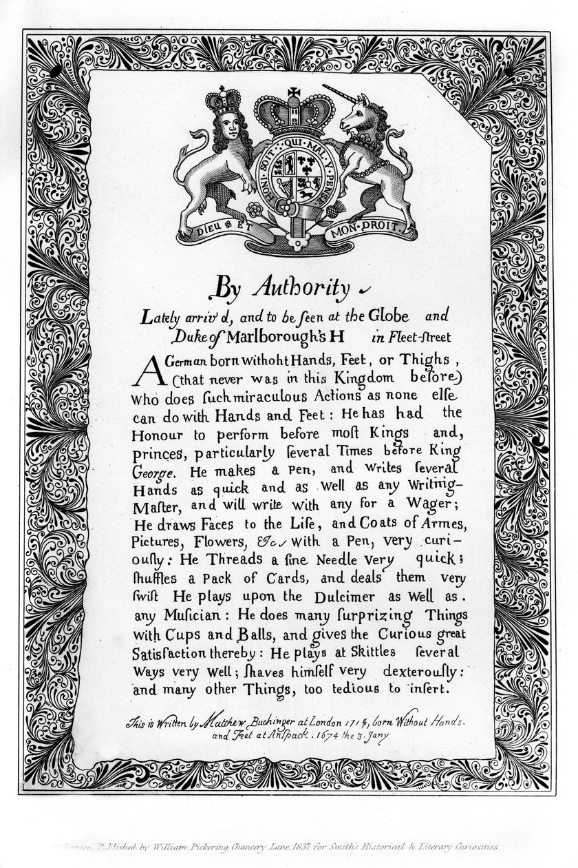 Kalligrafisk udstillingsseddel af Matthew Buchinger, Dværg af Nurnburg, 1717, 1840 af Matthew Buchinger