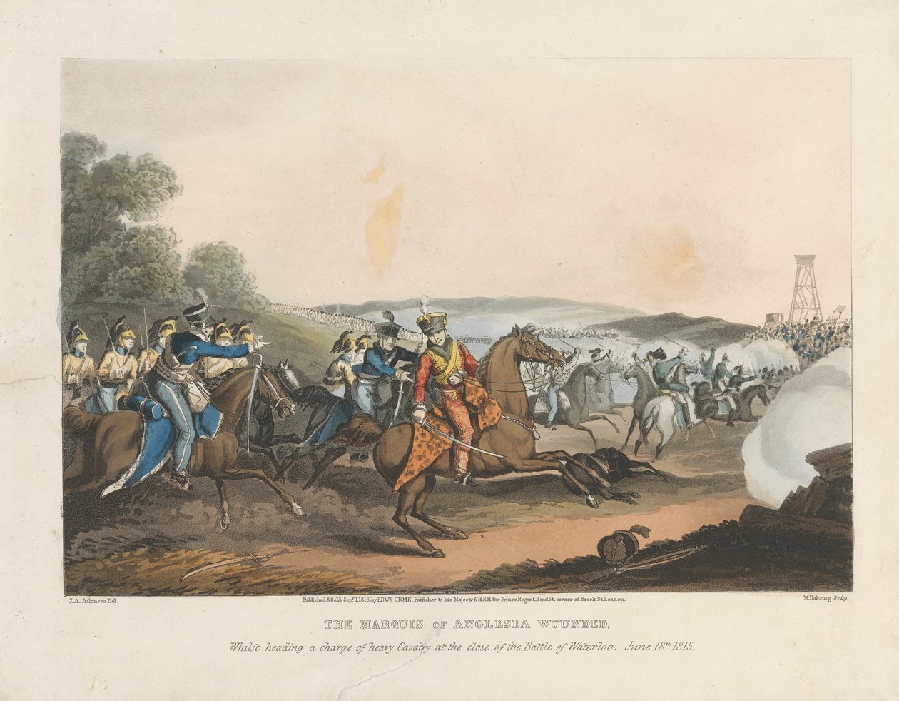 Marquis of Anglesey såret, mens han førte et anklager om tungt kavaleri ved slutningen af slaget ved Waterloo, 18. juni 1815 af Matthew Dubourg