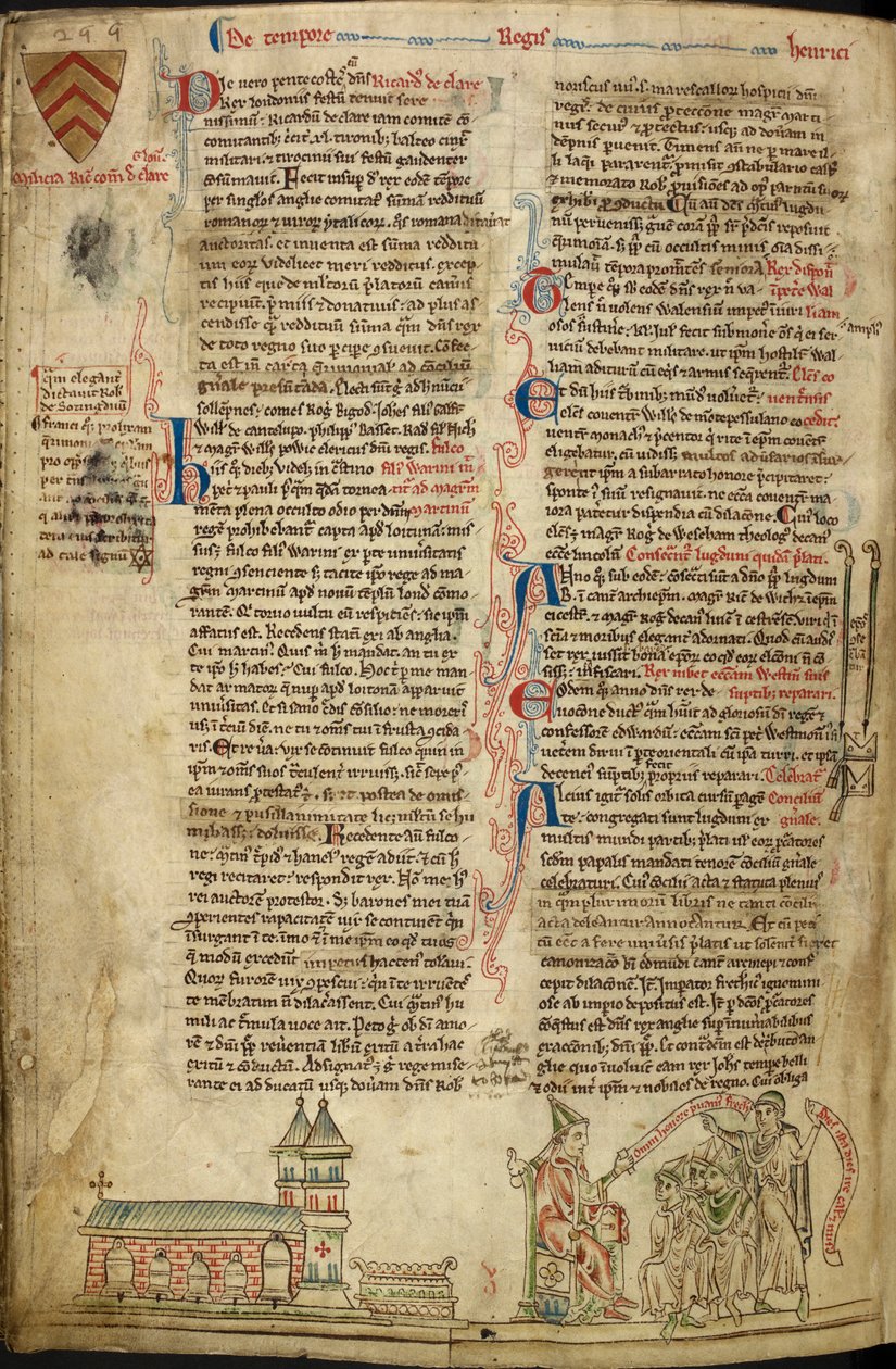 Royal 14C VII, f.138v Westminster Abbey and the Shrine of St. Edward; til højre, pave Innocentius IV ved koncilet i Lyon, illustration fra 
