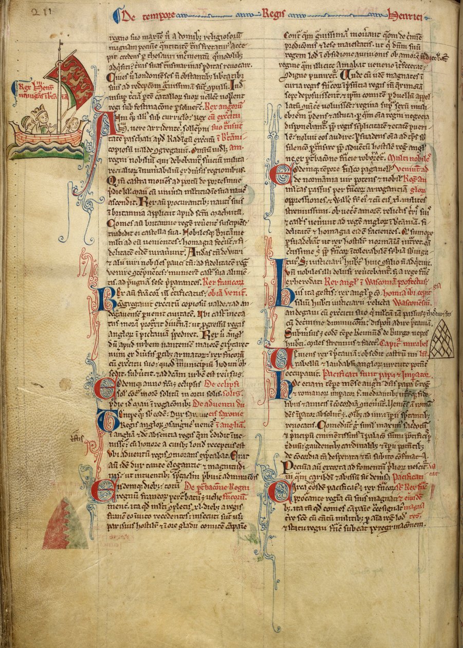 Royal 14 C. VII, f.116v Randtegning af kong Henrik III, der sejler over Den Engelske Kanal til Bretagne, med en del af den tilhørende tekst i forfatterens egen hånd, illustration fra 