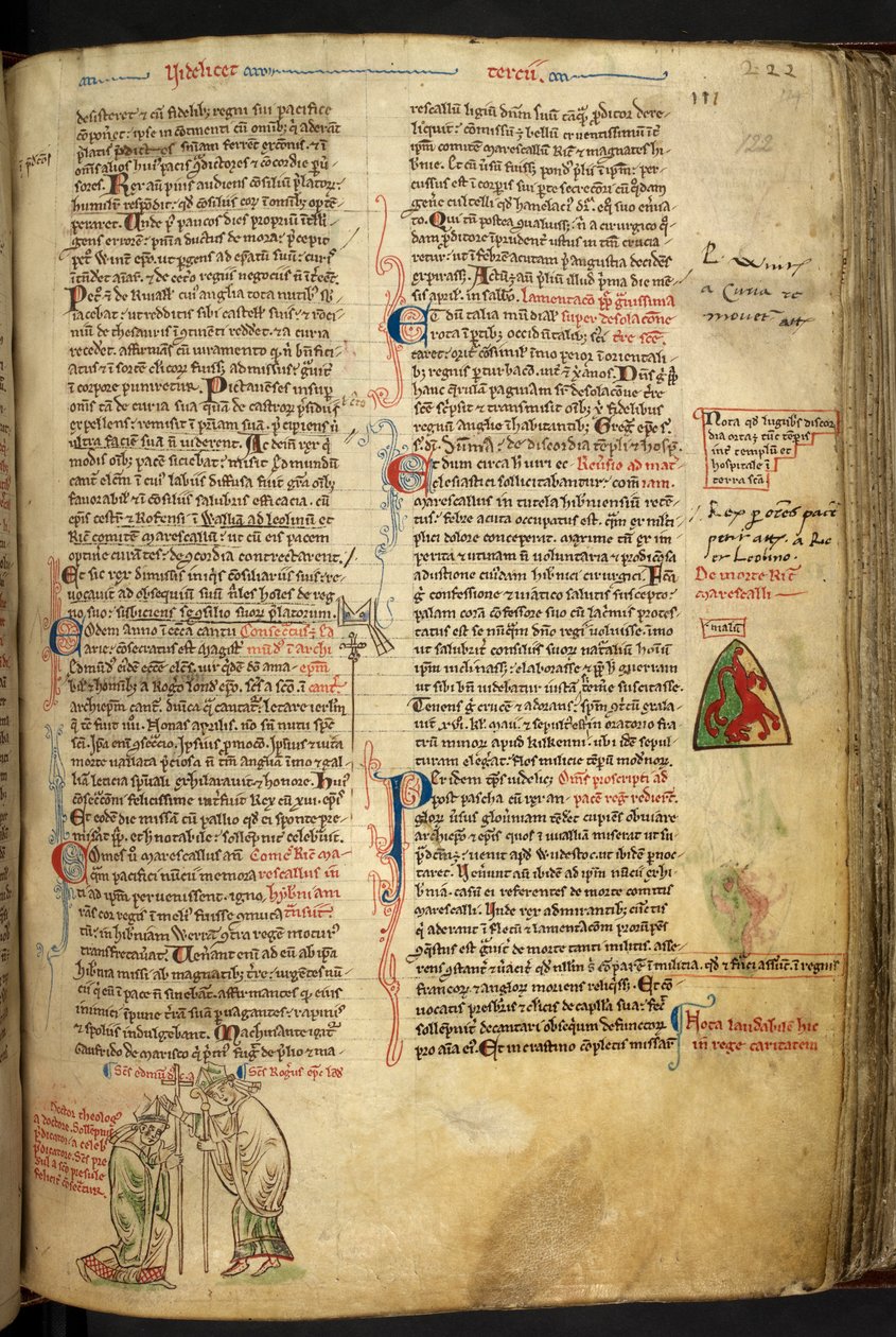 Royal 14 C. VII f.122r Roger Nigel, biskop af London, indviede Edmund af Abington som ærkebiskop af Canterbury; af Matthew Paris