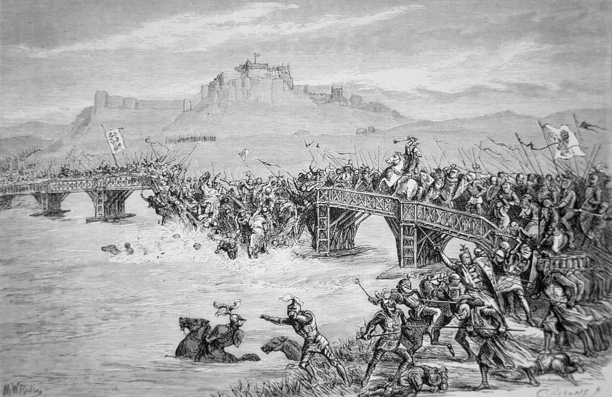 Broens kollaps under slaget ved Stirling Bridge, i 1297, indgraveret af Roberts (litho) af Matthew White (after) Ridley