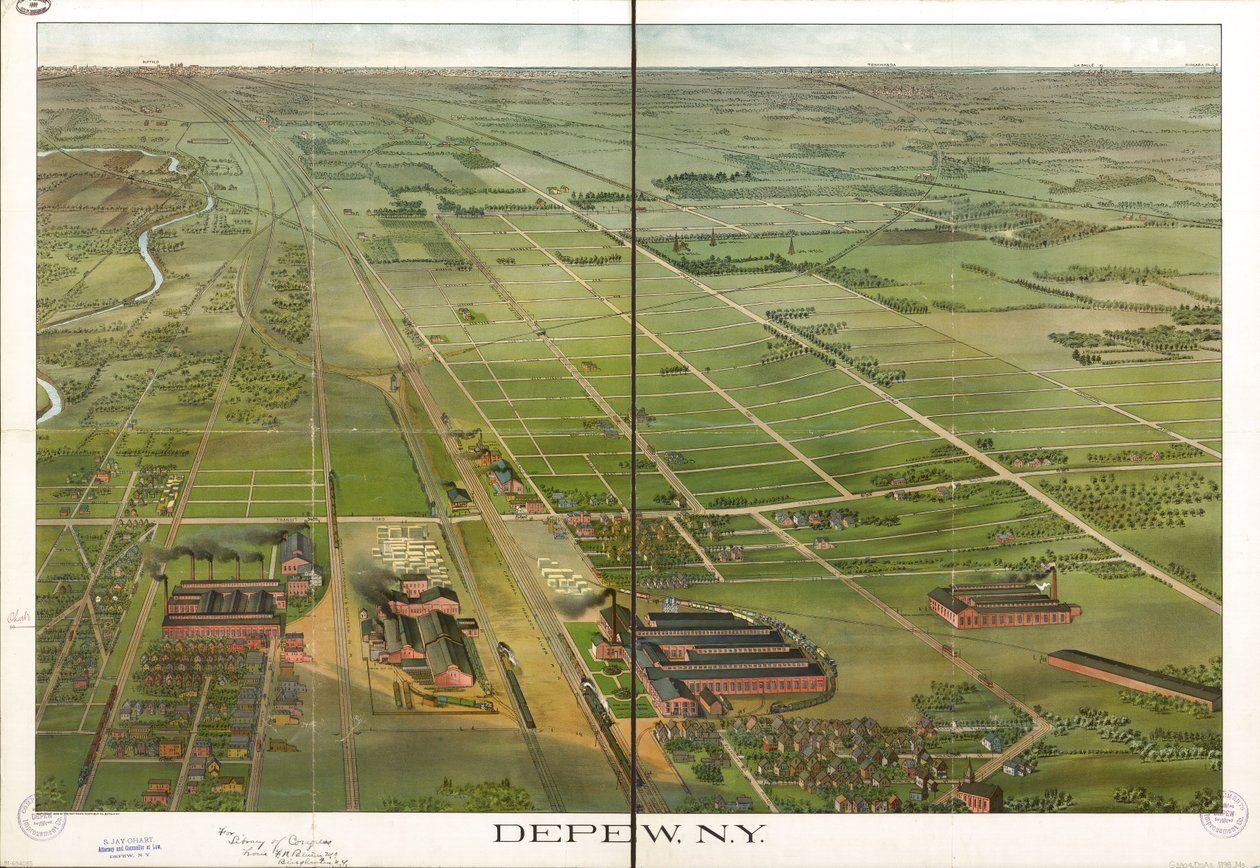 Fugleperspektiv. Orienteret med nord til højre. LC Panoramic maps (2. udgave), 555.1 Også tilgængelig via Library of Congress-webstedet som et rasterbillede. LC-kopi kommenteret med blæk. Stemplet på: Compliments Depew Improvement Co.; S. Jay Ohart, advoka af Matthews Northrup Company
