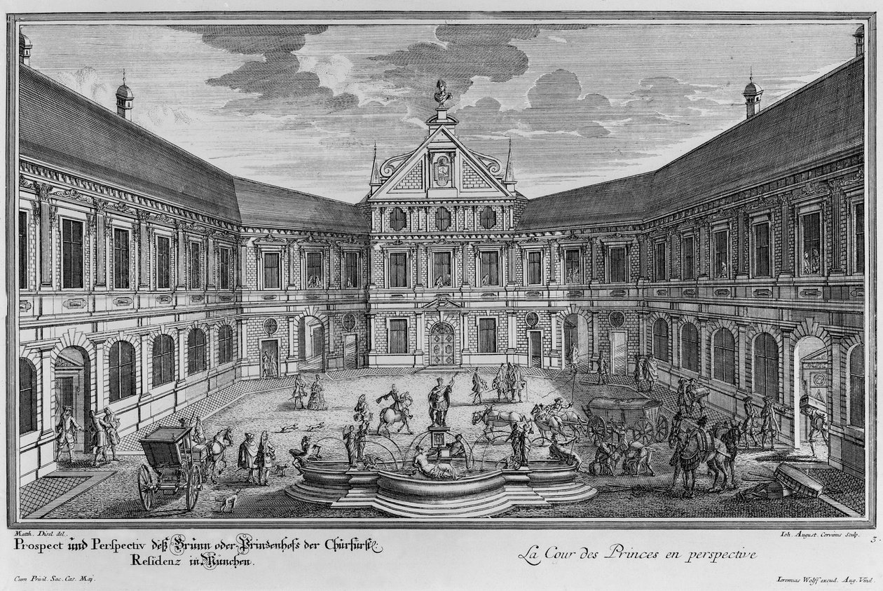 Paladset i München, Tyskland, graveret af Johann August Corvinus af Matthias Diesel