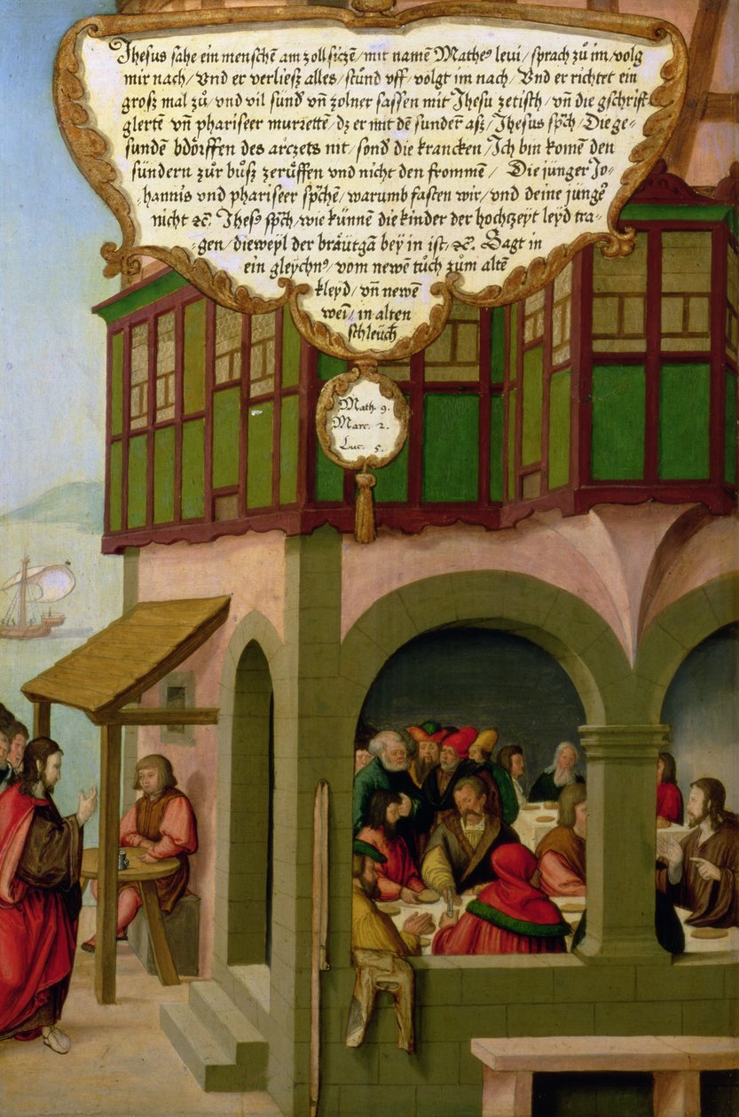 Jesus spiser med skatteyderne og synderne (Mattæus 9, Markus 2, Lukas 5) del af vingepanelet fra Mompelgarter-altertavlen (panel) (se også 72465-79) af Matthias Gerung or Gerou