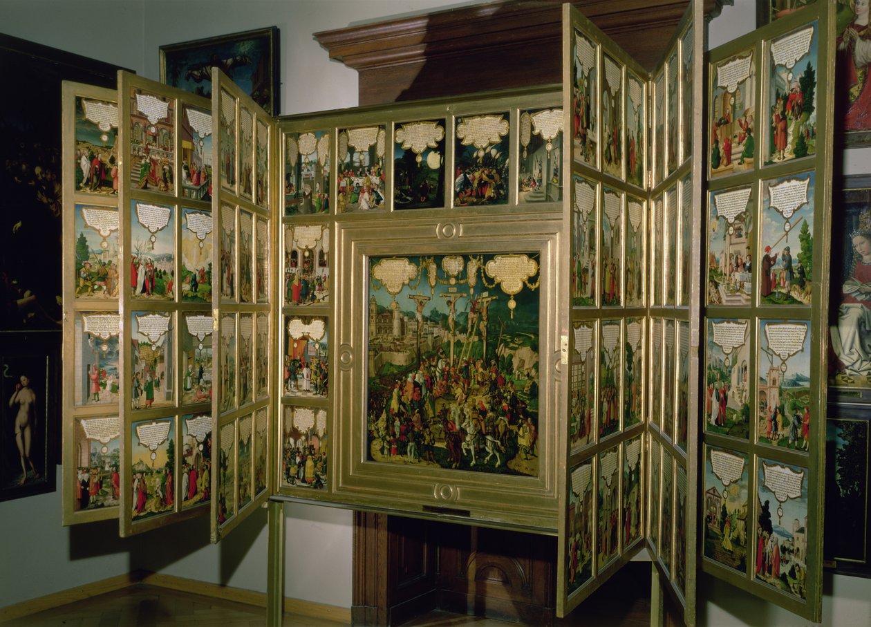 Mompelgarter-altertavle, med midterpanel og seks hængslede sidepaneler, alle skildrer scener fra Det Nye Testamente (panel) af Matthias Gerung or Gerou