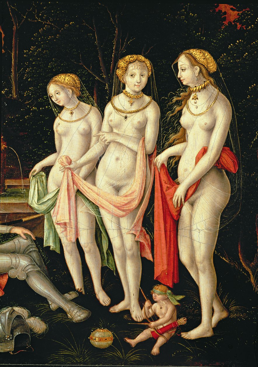 Ødelæggelsen af Troja og dommen i Paris, detalje, der viser Artemis, Hera og Afrodite, 1540 af Matthias Gerung or Gerou