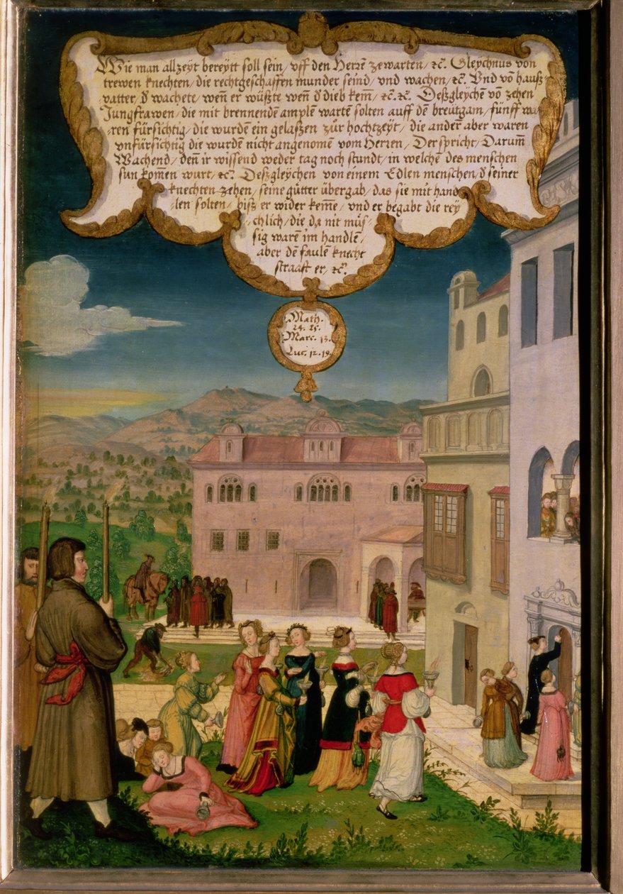 Lignelsen om de vise og tåbelige jomfruer, sektion af vingepanel fra Mompelgarter-altertavlen (panel) (se også 72465-79) af Matthias Gerung or Gerou