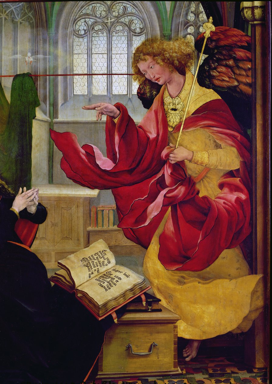 Ærkeenglen Gabriel, detalje fra bebudelsen fra Isenheim-altertavlen, ca. 1512-16 af Matthias Grünewald
