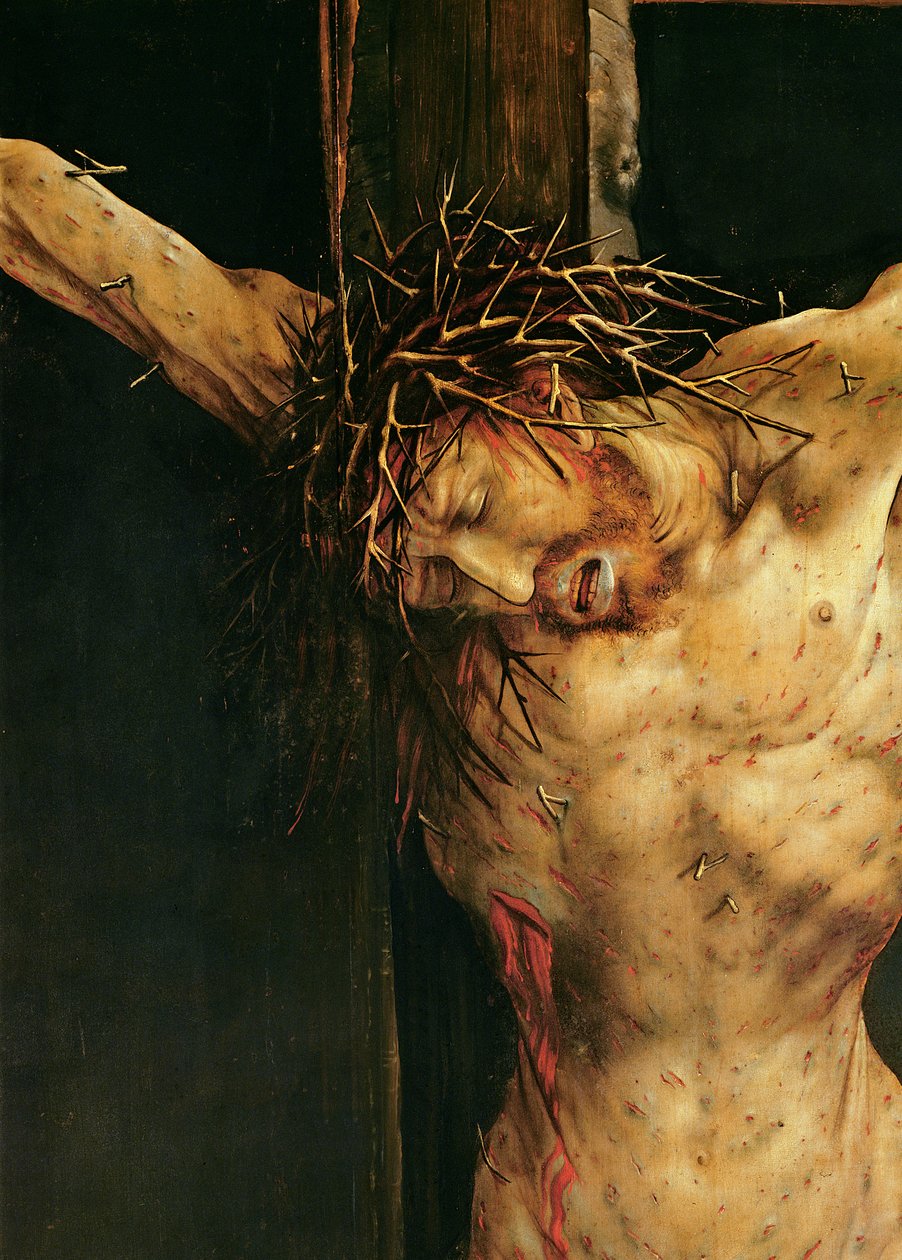 Kristus på korset, detalje fra det centrale korsfæstelsespanel på Isenheim-altertavlen, ca. 1512-15 af Matthias Grünewald