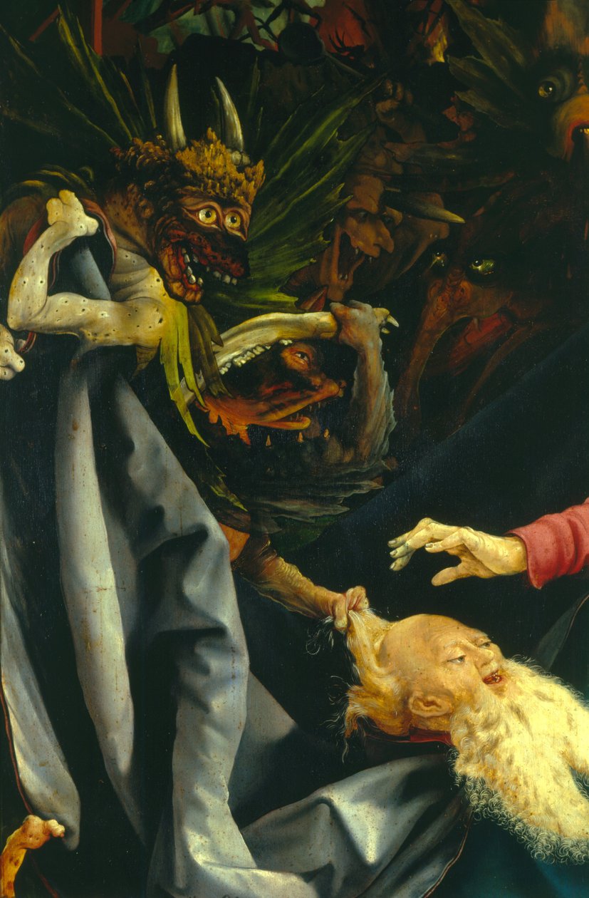 Dæmoner, der trækker i St. Anthonys hår, detalje fra The Temptation of St. Anthony fra Isenheim-altertavlen, ca. 1512-16 af Matthias Grünewald