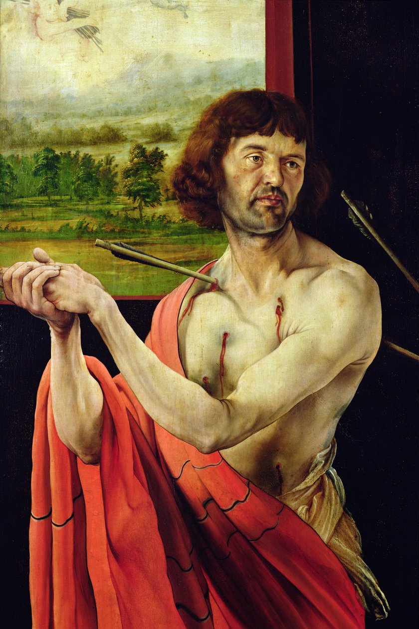 Detalje af Sankt Sebastien og landskab fra Isenheim-altertavlen, indre fløj, ca. 1512-16, olie på panel af Matthias Grünewald