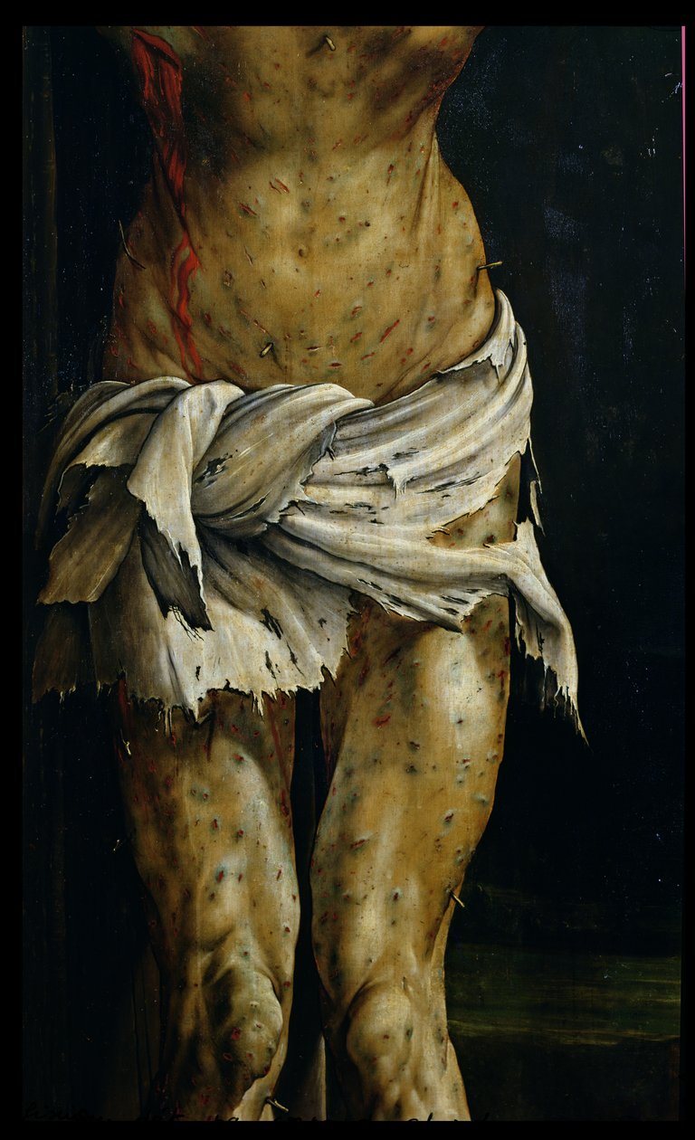 Korsfæstelsen fra Isenheim-altertavlen, detalje af Kristi krop, ca.1512-16 olie på panel detalje af Matthias Grünewald