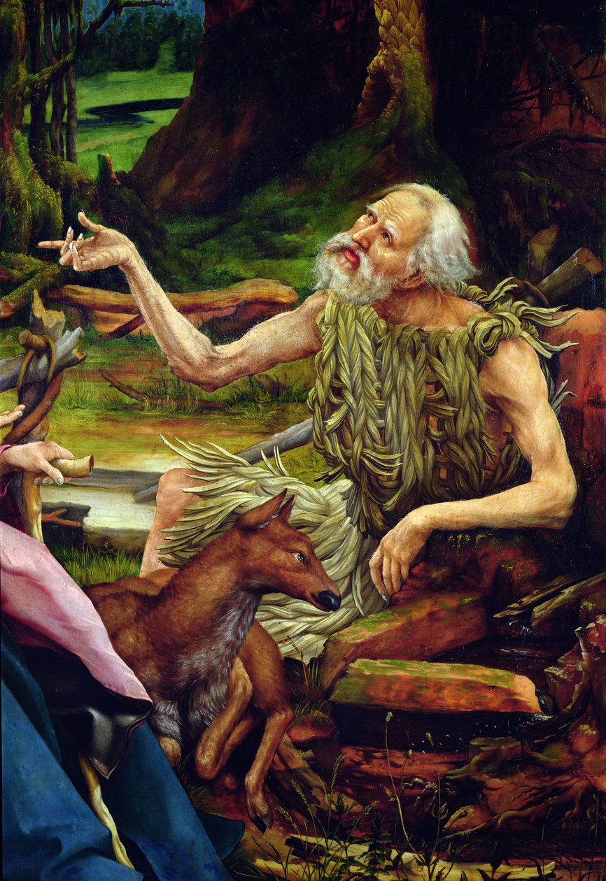 Sankt Antonius besøg hos eneboeren Sankt Paul. Detalje af Saint Anthonys besøg hos Saint Paul fra Isenheim-altertavlen, ca. 1512-16 olie på træ af Matthias Grünewald