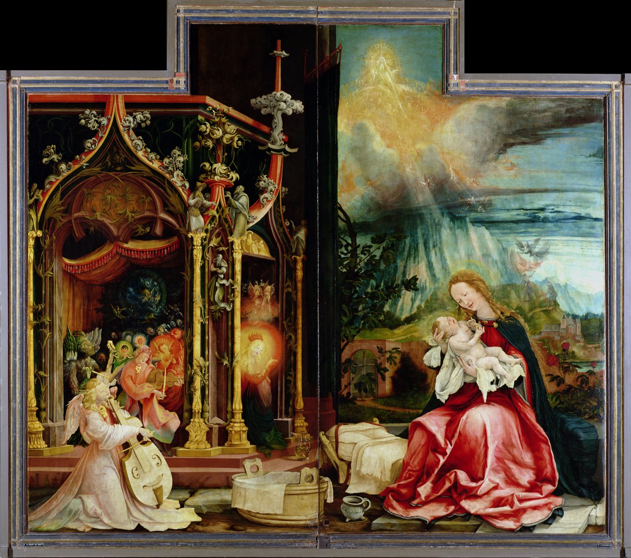 Fødsel og englekoncert fra Isenheim-altertavlen, midterpanel (olie på panel) af Matthias (c.1480 1528) Grunewald