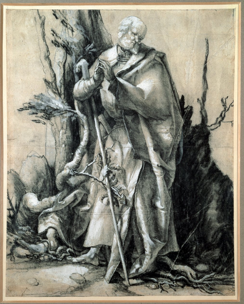 En helgen i et træstudium (blæktegning af Matthias (c.1480 1528) Grunewald