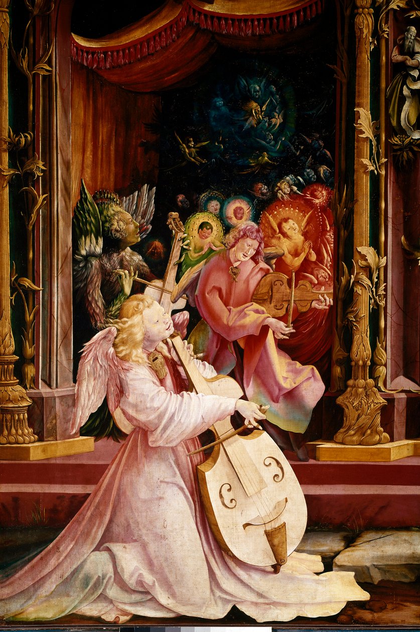 Altertavle af Issenheim (eller Isenheim): "" La Nativite"" Detalje af koncerten med Angels-musikere. Englen i midten spiller gambabratsch. Paneler af Mathis Neithardt Gothardt dit Matthias Grunewald (1480-1528) (ec.all.) 1512-1516 Dim. 265x304 cm Kol af Matthias (c.1480 1528) Grunewald