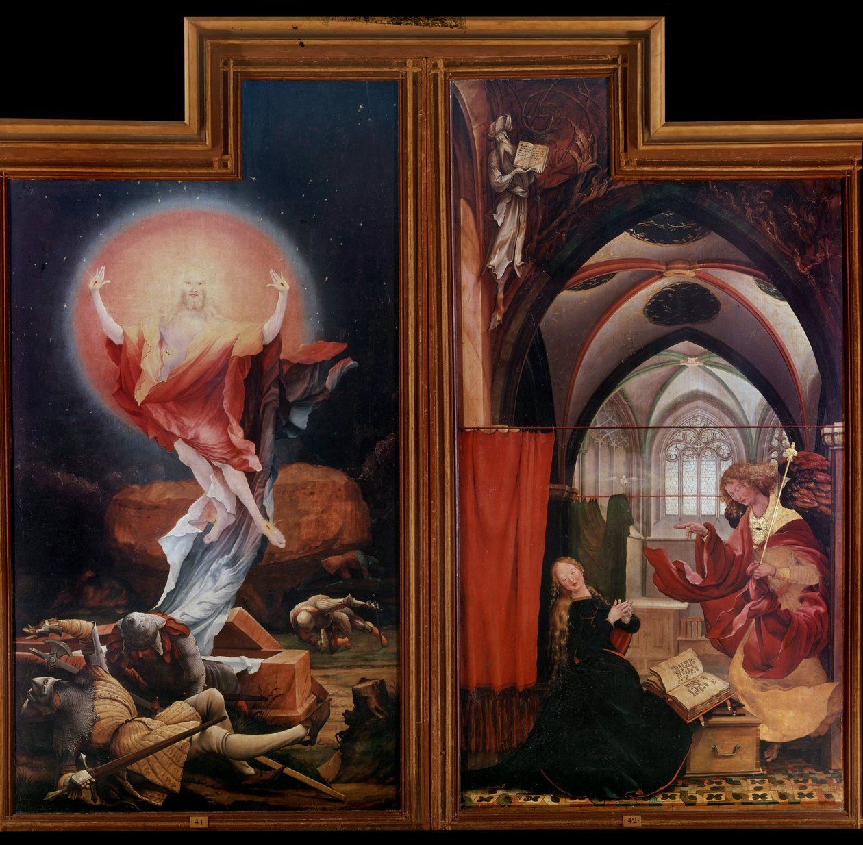 Alterpiece of Issenheim (eller Isenheim): “” The Resurrection ”” ”” The Annunciation ”” Paneler af Mathis Neithardt Gothardt Dit Matthias Grunewald (1480-1528) (Ec.All.) 1512-1516 Colmar, Musee Unterlinden, af Matthias (c.1480 1528) Grunewald