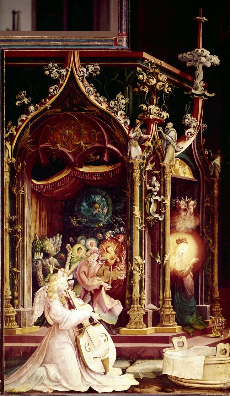 Koncert af englemusiker, i Fødselskirken, detalje. Altertavle af Issenheim (olie på panel af Matthias (c.1480 1528) Grunewald