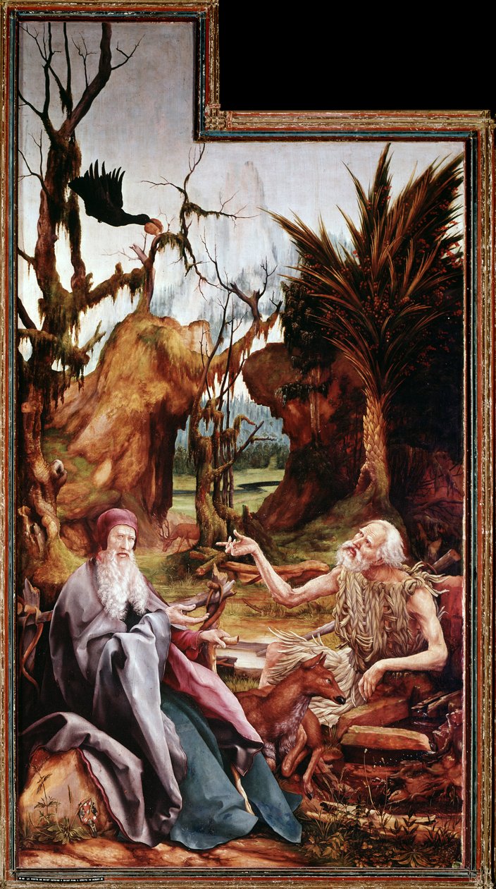 Sankt Antonius den Store og Sankt Paulus i ørkenen, altertavle af Issenheim (olie på panel af Matthias (c.1480 1528) Grunewald