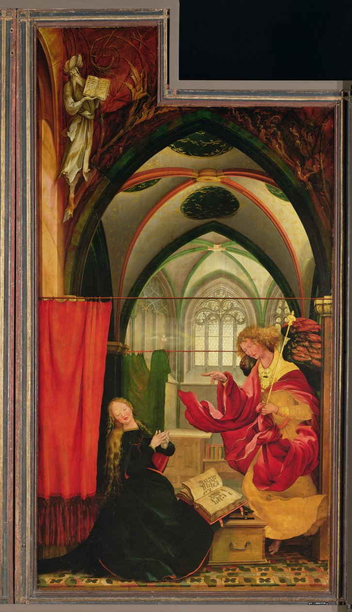 Bebudelsen fra Isenheim-altertavlen, venstre fløj, ca. 1512-16 (olie på panel) af Matthias (c.1480 1528) Grunewald