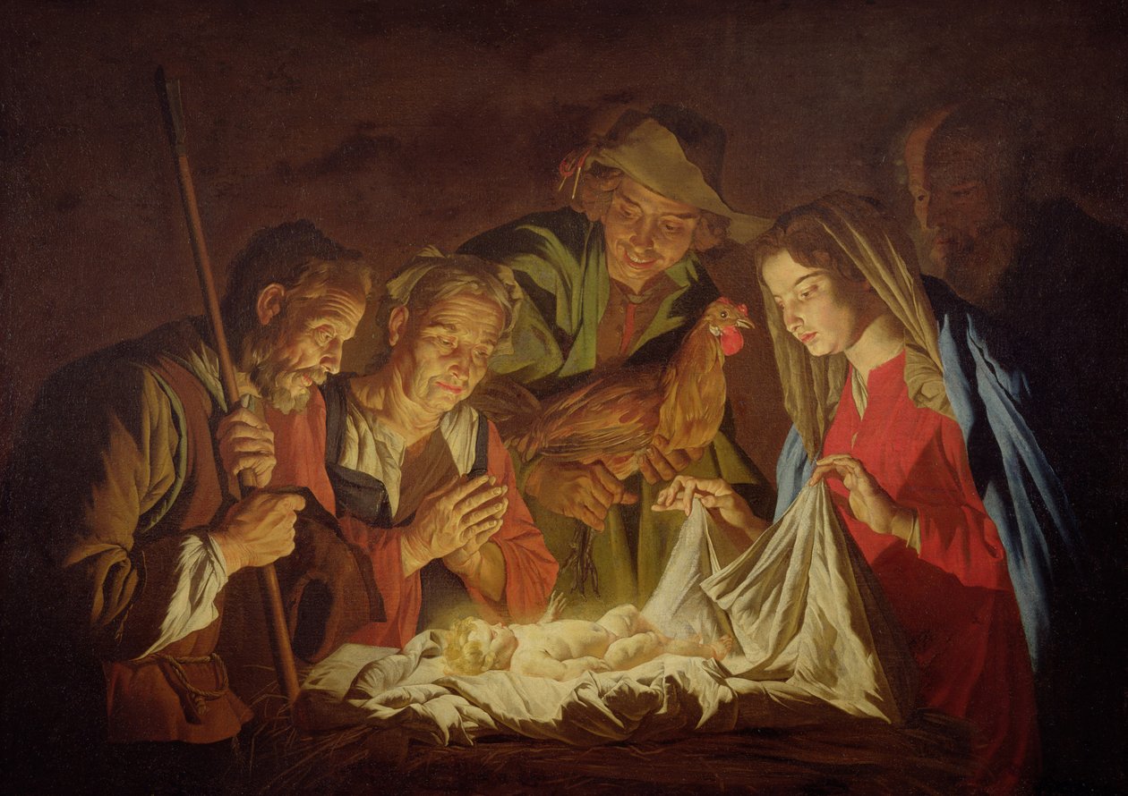 Tilbedelse af hyrderne (olie på lærred) af Matthias (c.1600 p.1650) Stomer
