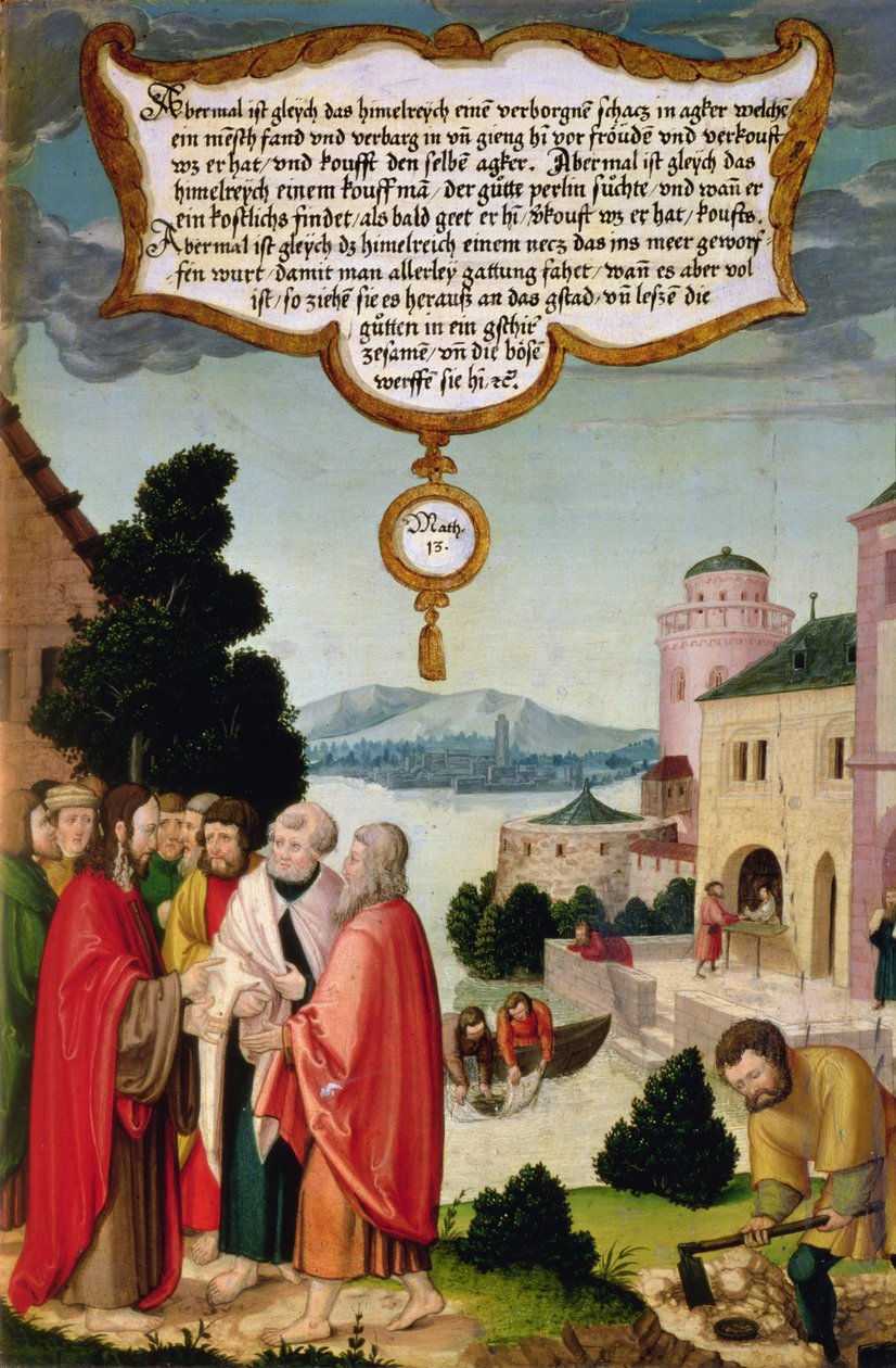 Himlens Rige er som et net, der blev kastet i havet og samlet fisk af enhver art (Matt 13) illustration af Kristi lære, del af vingepanelet fra Mompelgarter-altertavlen af Matthias Gerung or Gerou