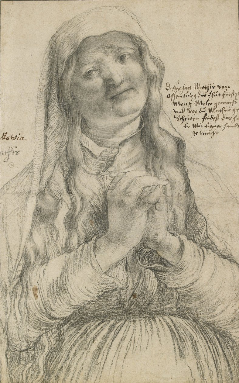 En ældre kvinde med spændte hænder, ca. 1512 (sort kridt på papir) af Matthias Grünewald