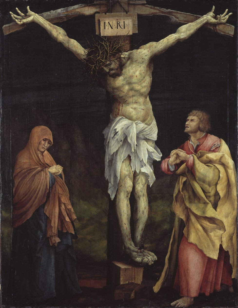 Tysk: Tauberbischofsheim-altertavle, scene: Kristus på korset mellem Maria og Johannes Tauberbischofsheim-altertavle af Matthias Grünewald