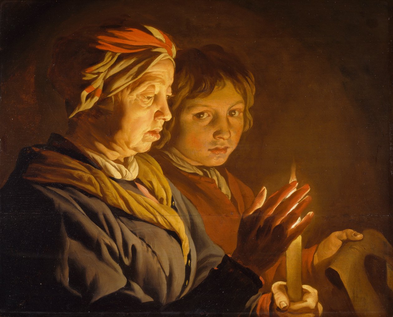 Gammel kvinde og en dreng ved levende lys, 1630-1650 af Matthias Stomer