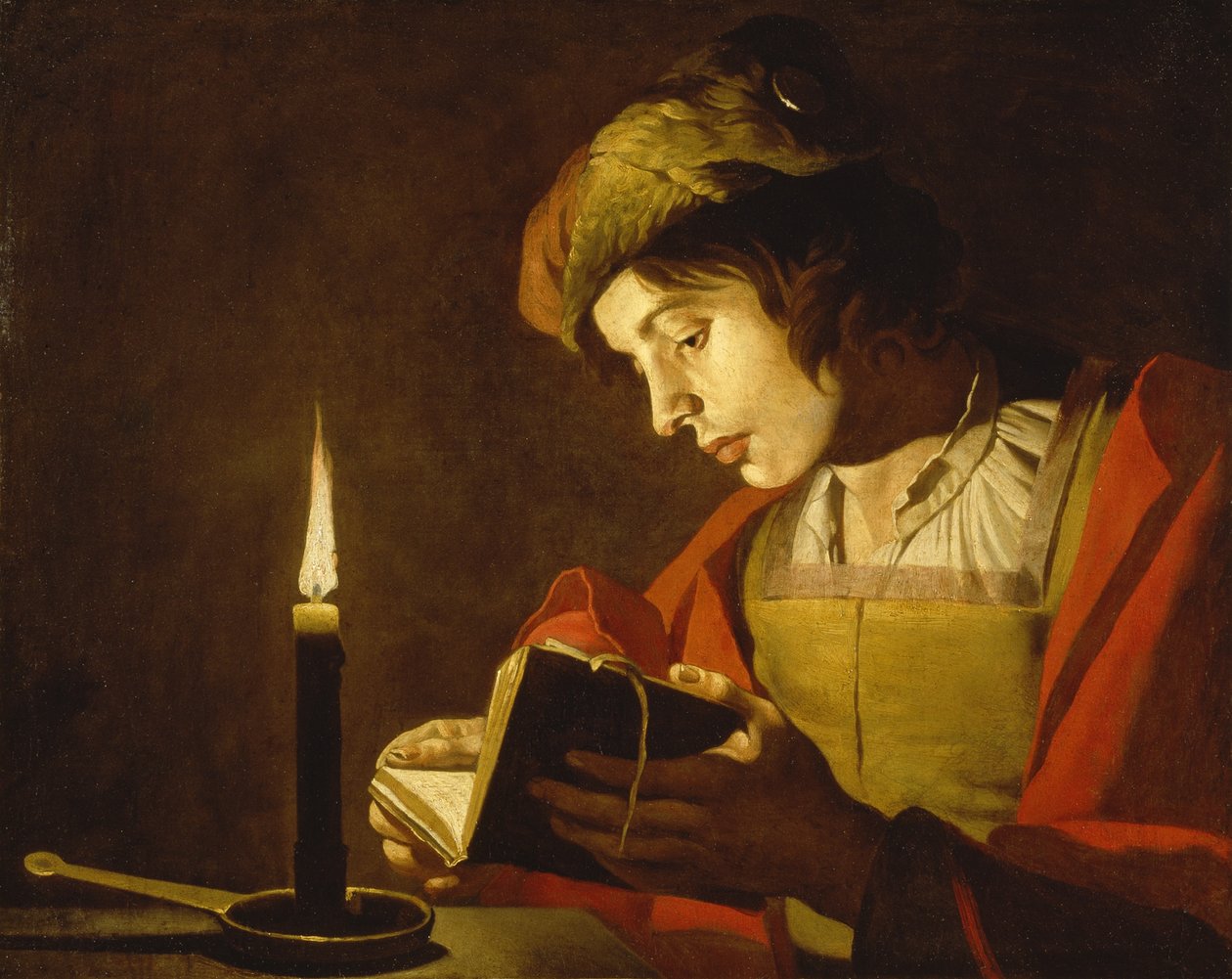 Ung mand læser ved stearinlys, ca. 1630 af Matthias Stomer