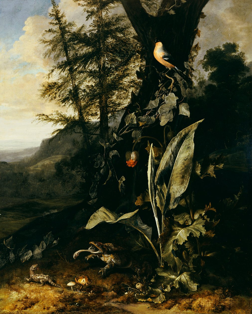 En skovbund med en tudse og en firben, en bullfinch på en gren af efeu ovenover og et bjerg bagved af Matthias Withoos