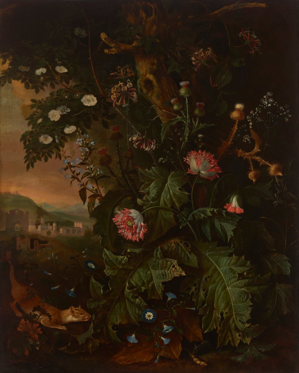 En skovbund med en væsel, mus, opiumsvalmue og tidsel, med klassiske bygninger bagved. af Matthias Withoos