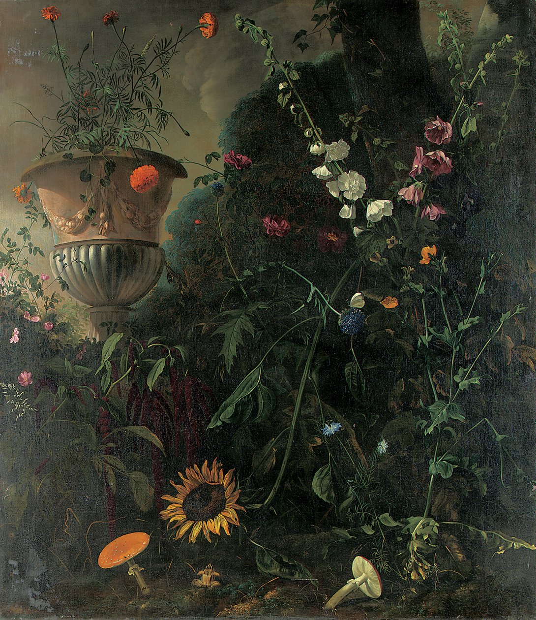 Stokroser, roser, en blå blondeblomst, solsikke og paddehatte, med morgenfruer i en urne ved et træ af Matthias Withoos
