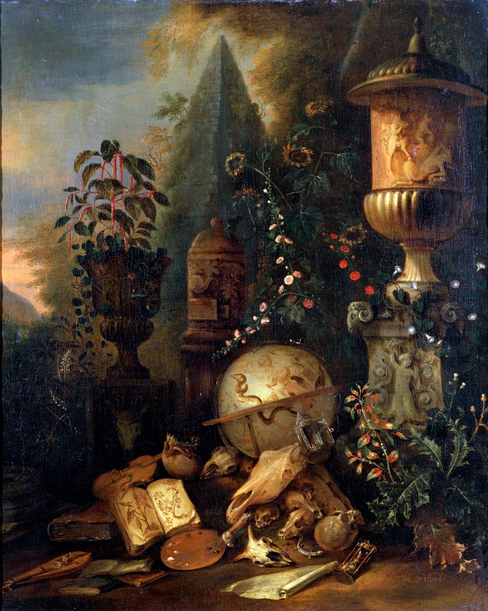 Vanitas. Stilleben med en vase, 17. eller begyndelsen af 1700-tallet af Matthias Withoos