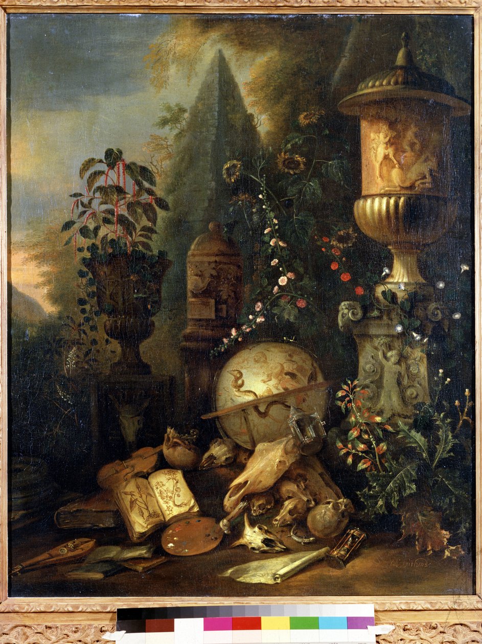 Vanitas, stilleben med en vase (Vanitas, stilleben med en vase). Maleri af Matthias Withoos (1627-1703). Olie på lærred, 83 x 67 cm. hollandsk kunst fra det 17. århundrede. Pushkin Museum of Fine Arts, Moskva. af Matthias Withoos