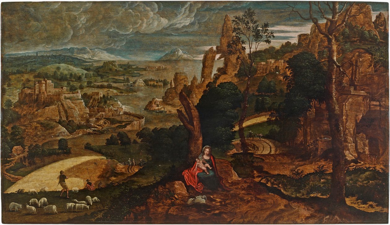 Landskab med resten på flugten til Egypten, 1540-1545. af Matthijs Cock