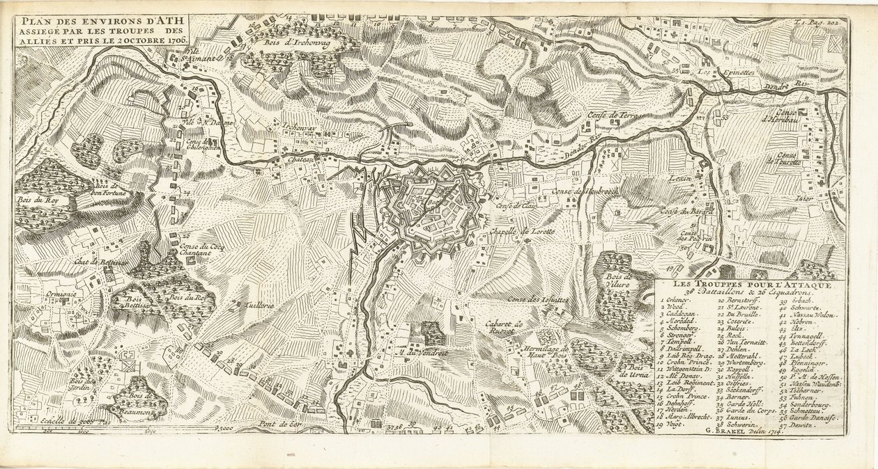 Beleg van Ath, 1706 Plan over omgivelserne i Ath belejret af de allieredes tropper og taget den 2. oktober 1706 (titel på objekt) af Matthijs Pool (possibly)