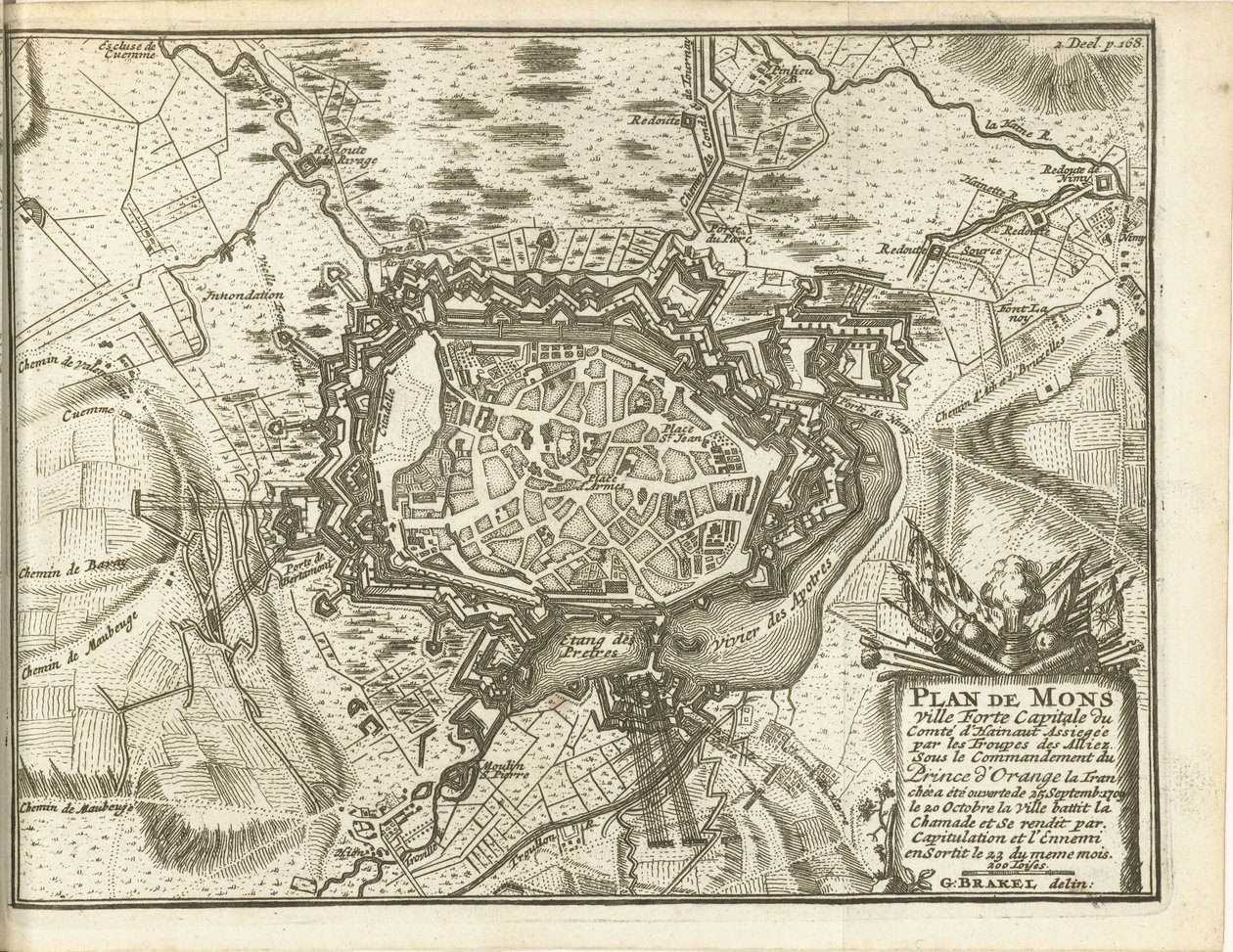 Beleg van Bergen, 1709 Kort over Mons Ville Forte (...) Belejret af Alliez-tropper. under kommando af Prinsen af ​​Orange (...) (titel på objekt) af Matthijs Pool (possibly)