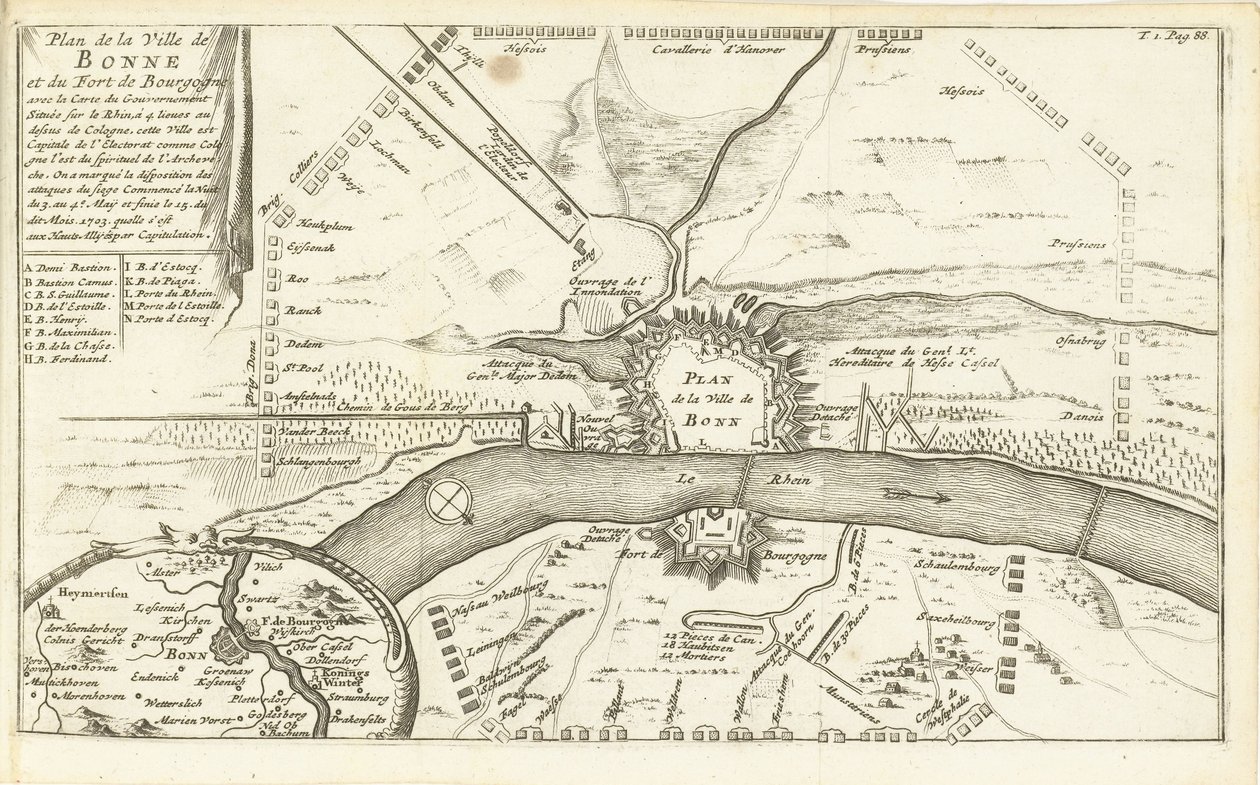 Beleg van Bonn, 1703 Plan over byen Bonne og Fort Bourgogne (...) (titel på objektet) af Matthijs Pool (possibly)