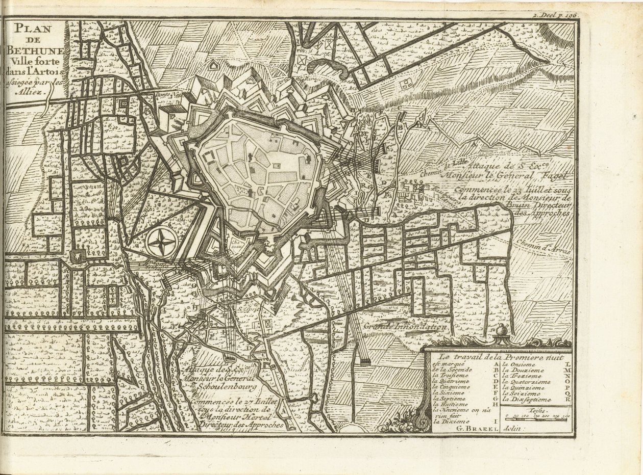 Beleg van Bethune, 1710 Kort over Bethune befæstet by i Artois belejret af de allierede (titel på objekt) af Matthijs Pool (possibly)