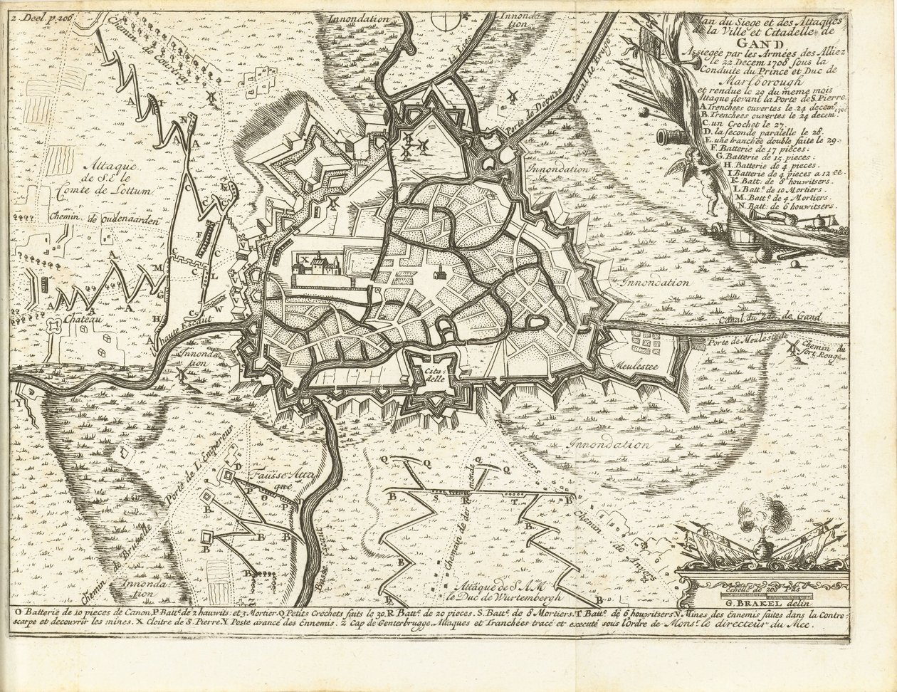 Beleg van Gent, 1708 Kort over belejringen og angrebene på byen og citadellet i Gent belejret af de allieredes hære den 22. december 1708 under ledelse af prinsen og hertugen af ​​Marlborough (titel på objektet) af Matthijs Pool (possibly)