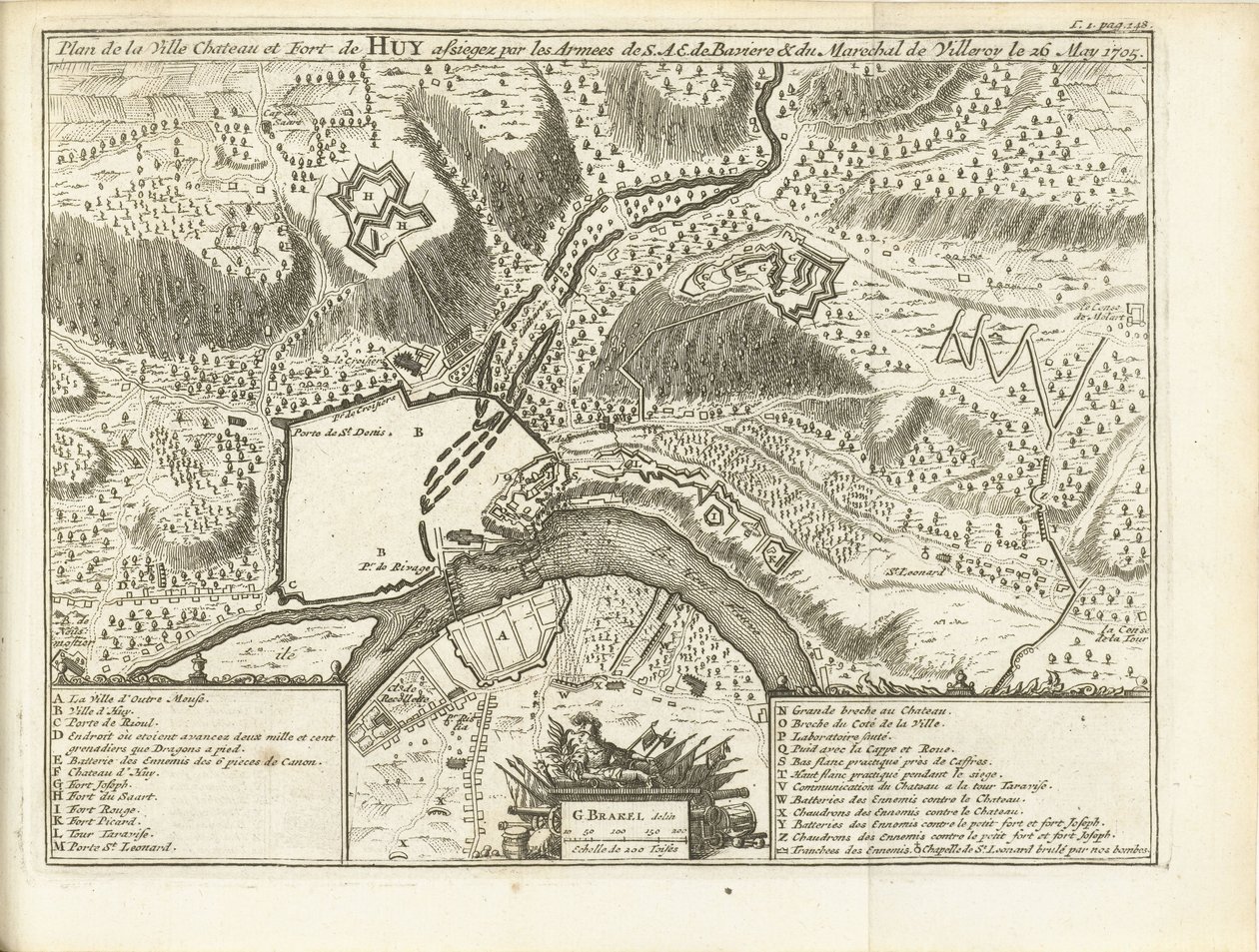 Beleg van Huy, 1705 Plan over byslottet og fortet Huy belejret af S.A.E. de Baviere & du Marechal de Villeroy le 26. maj 1705 (titel på objektet) af Matthijs Pool (possibly)